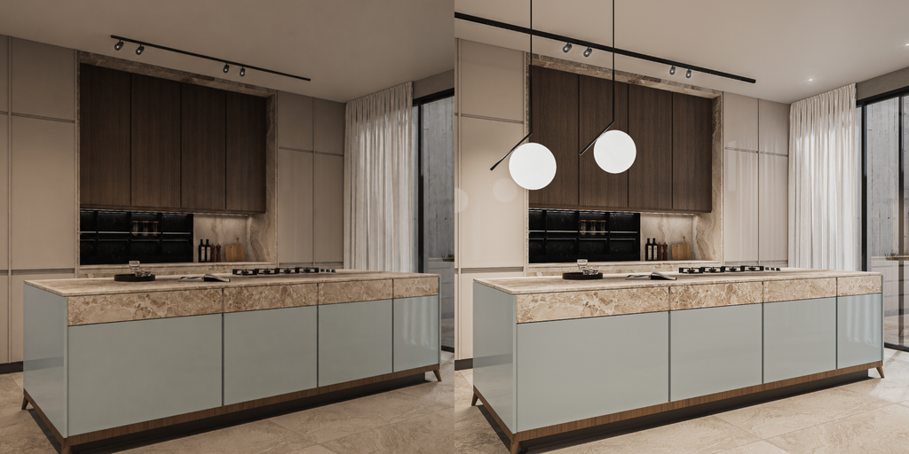 Cocina contemporánea con madera, piedra natural y grandes ventanales
