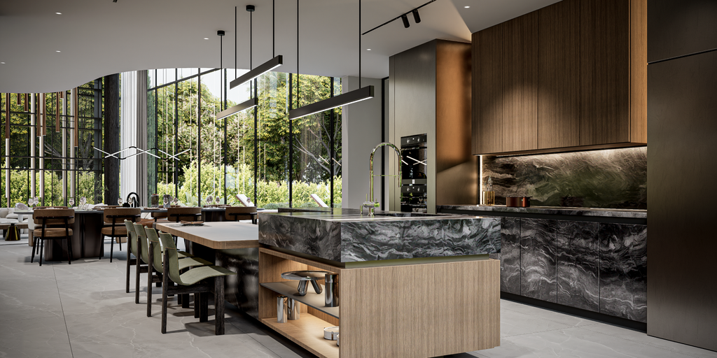 Cocina contemporánea con isla central y combinación de materiales naturales